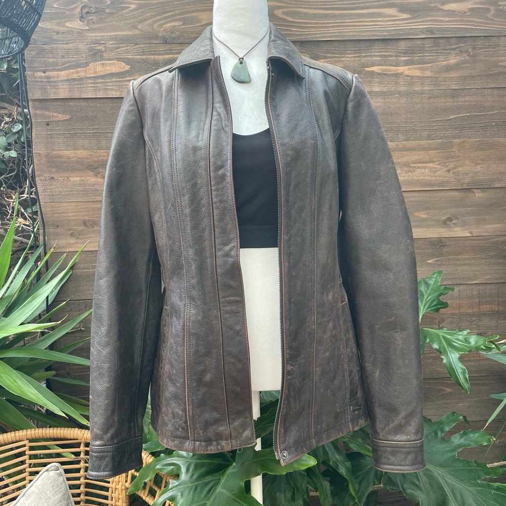 Vintage Eddie Bauer Women’s Buffalo Leather Brown Zip up Coat